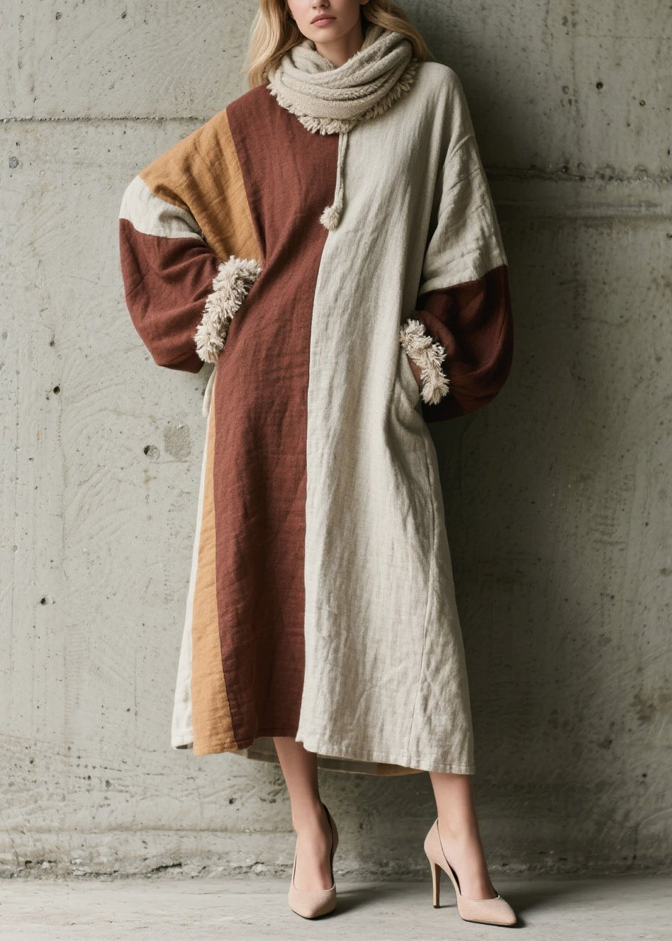 Fine Colorblock Pockets Patchwork Cotton Long Dress Fall