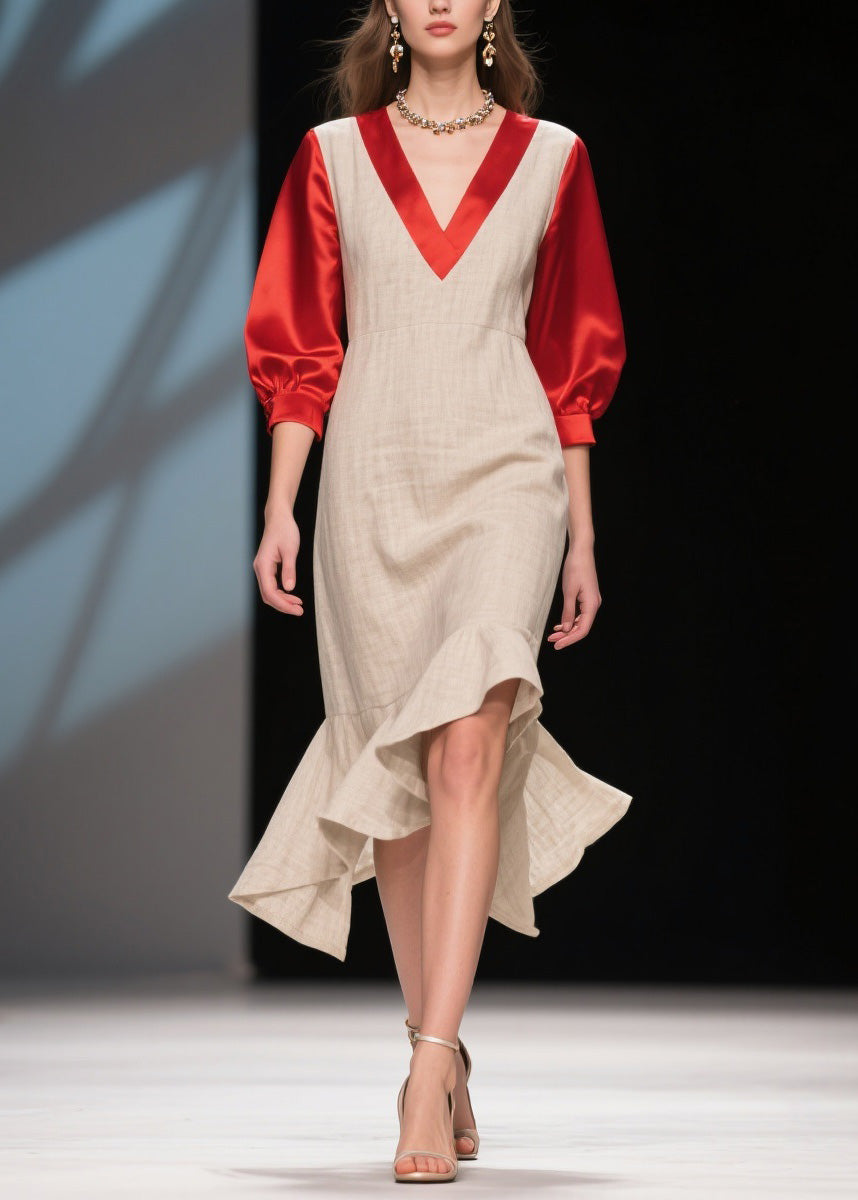Fine Colorblock Ruffled Patchwork Linen Silk Dress Summer