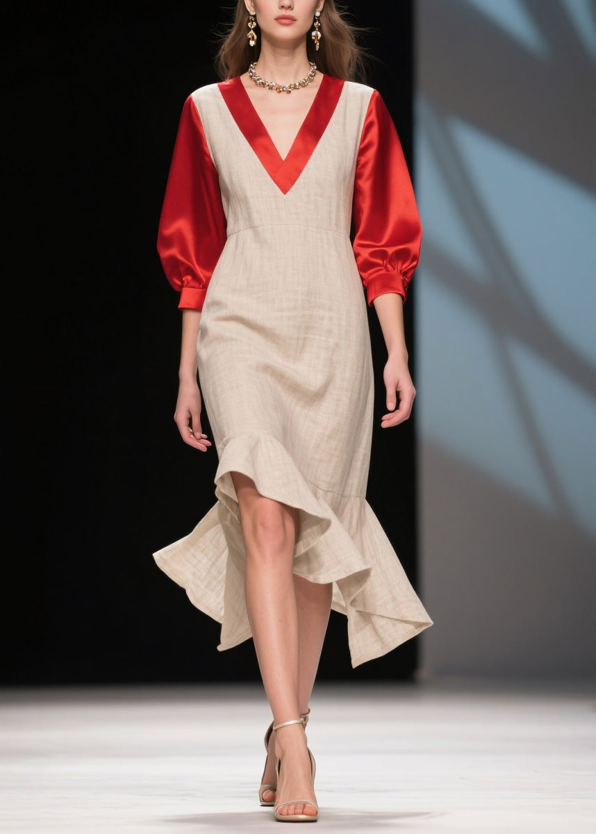 Fine Colorblock Ruffled Patchwork Linen Silk Dress Summer