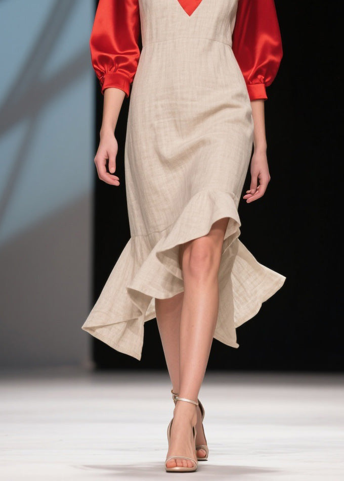 Fine Colorblock Ruffled Patchwork Linen Silk Dress Summer