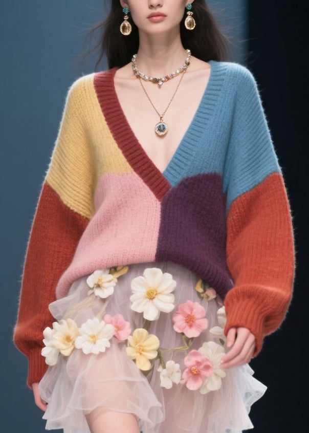 Fine Colorblock V Neck Knit Sweaters Top Fall