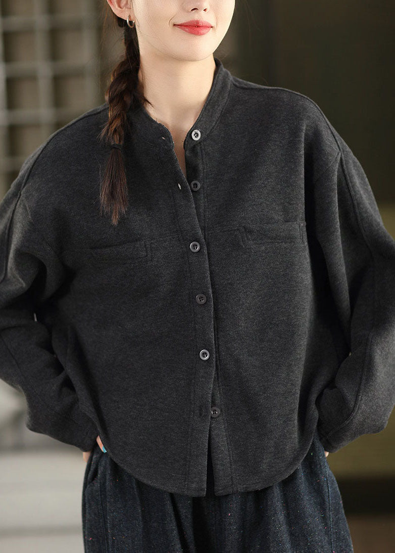 Fine Dark Grey O-Neck Solid Coats Long Sleeve