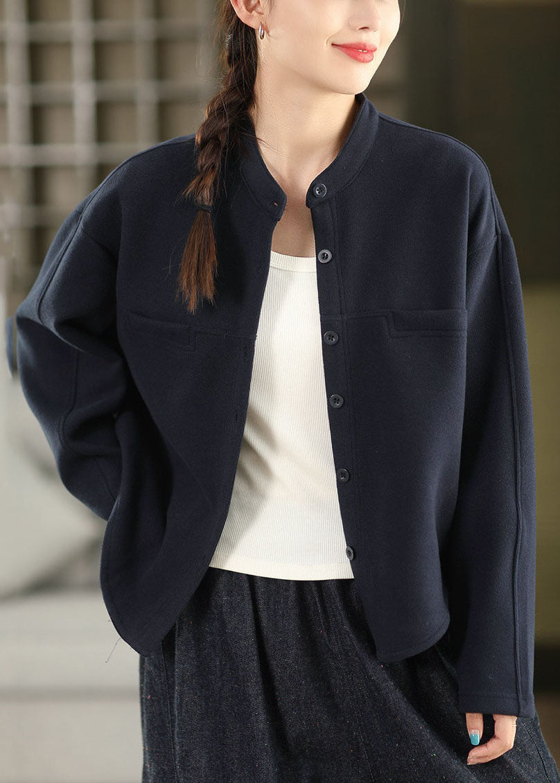 Fine Dark Grey O-Neck Solid Coats Long Sleeve