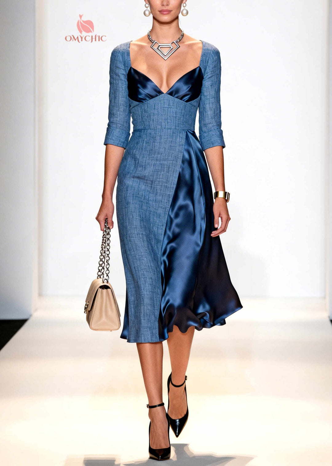 Fine Denim Blue Asymmetrical Patchwork Cotton Party Dress Summer