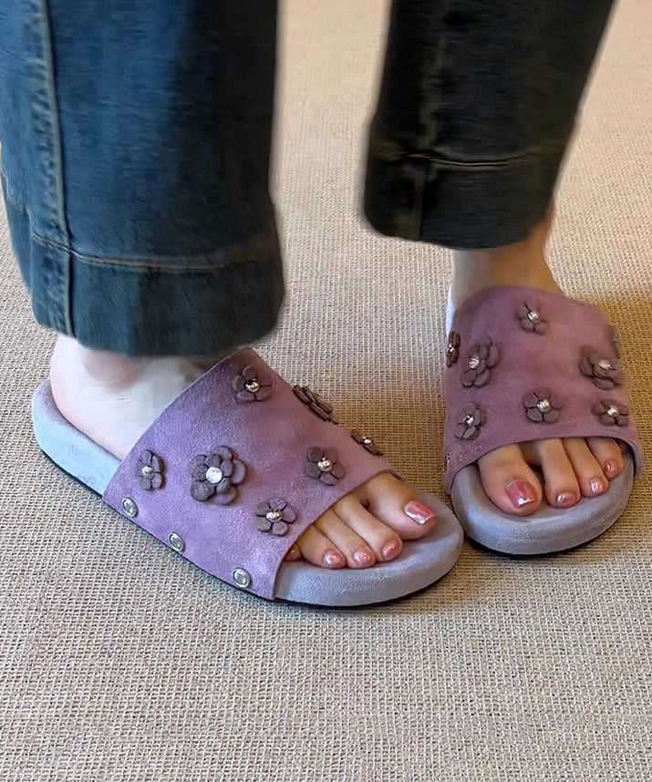 Fine Floral Splicing Purple Suede Slide Sandals Peep Toe