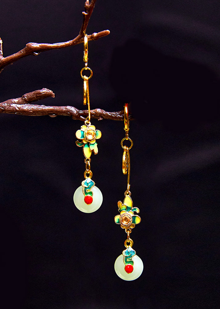 Fine Flower Paintings Fu Character Jade Drop Earrings - Omychic