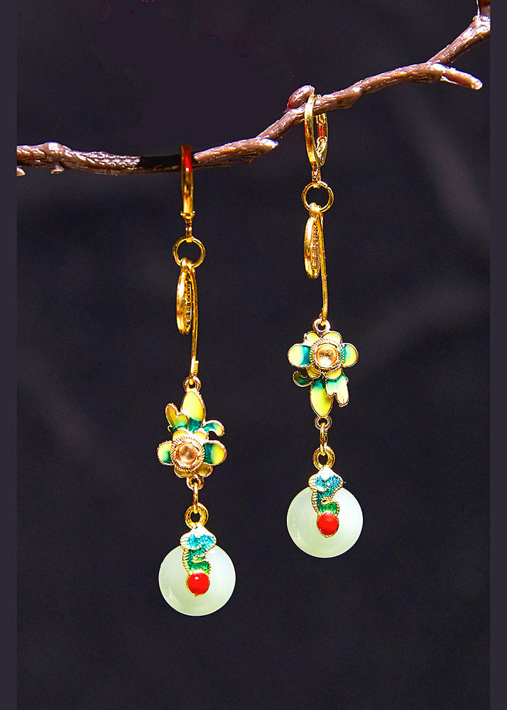 Fine Flower Paintings Fu Character Jade Drop Earrings - Omychic