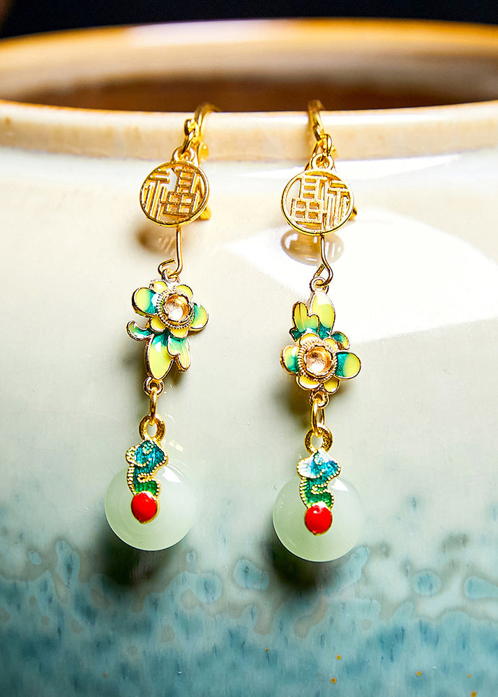 Fine Flower Paintings Fu Character Jade Drop Earrings - Omychic
