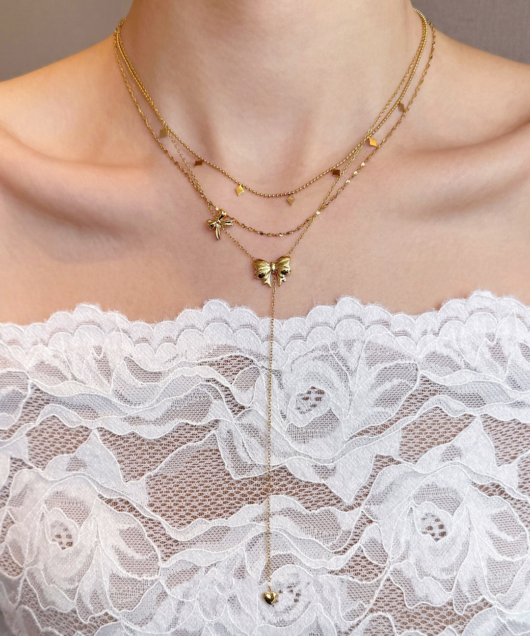 Fine Gold Bow Tassel Layering Alloy Two Piece Set Necklace