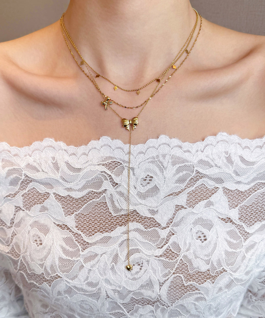 Fine Gold Bow Tassel Layering Alloy Two Piece Set Necklace