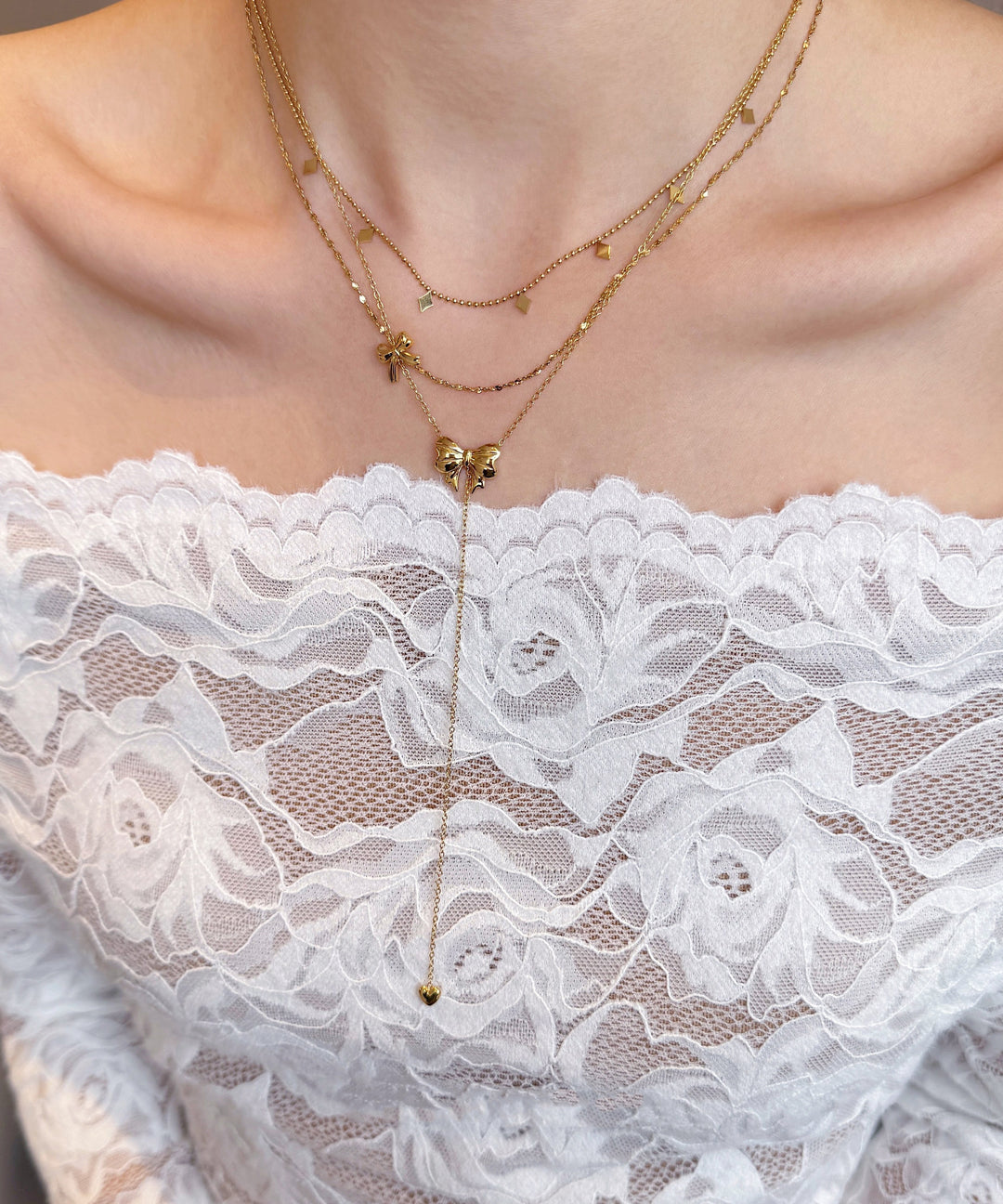 Fine Gold Bow Tassel Layering Alloy Two Piece Set Necklace