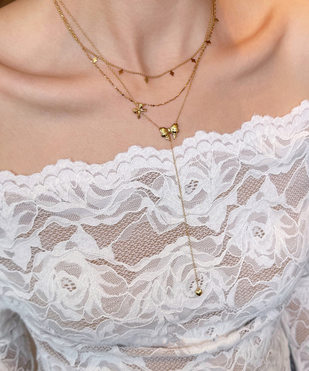 Fine Gold Bow Tassel Layering Alloy Two Piece Set Necklace