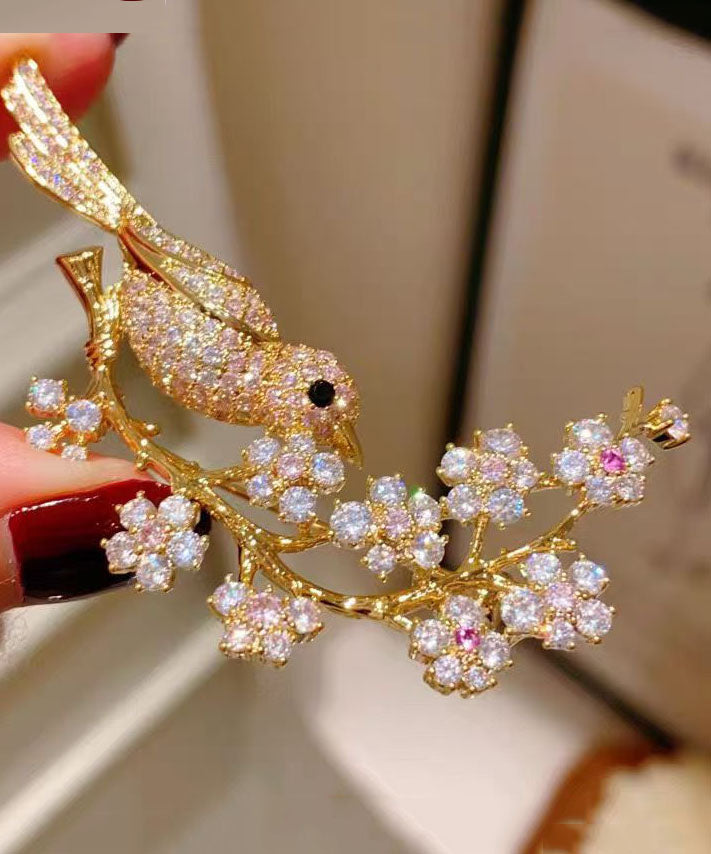 Fine Gold Copper Alloy Zircon Magpie Plum Blossom Brooches