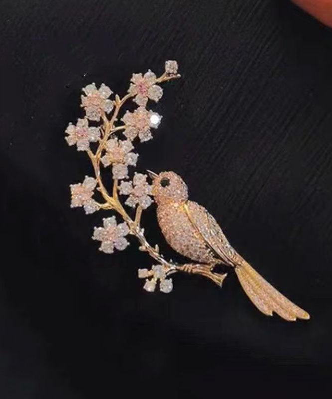 Fine Gold Copper Alloy Zircon Magpie Plum Blossom Brooches