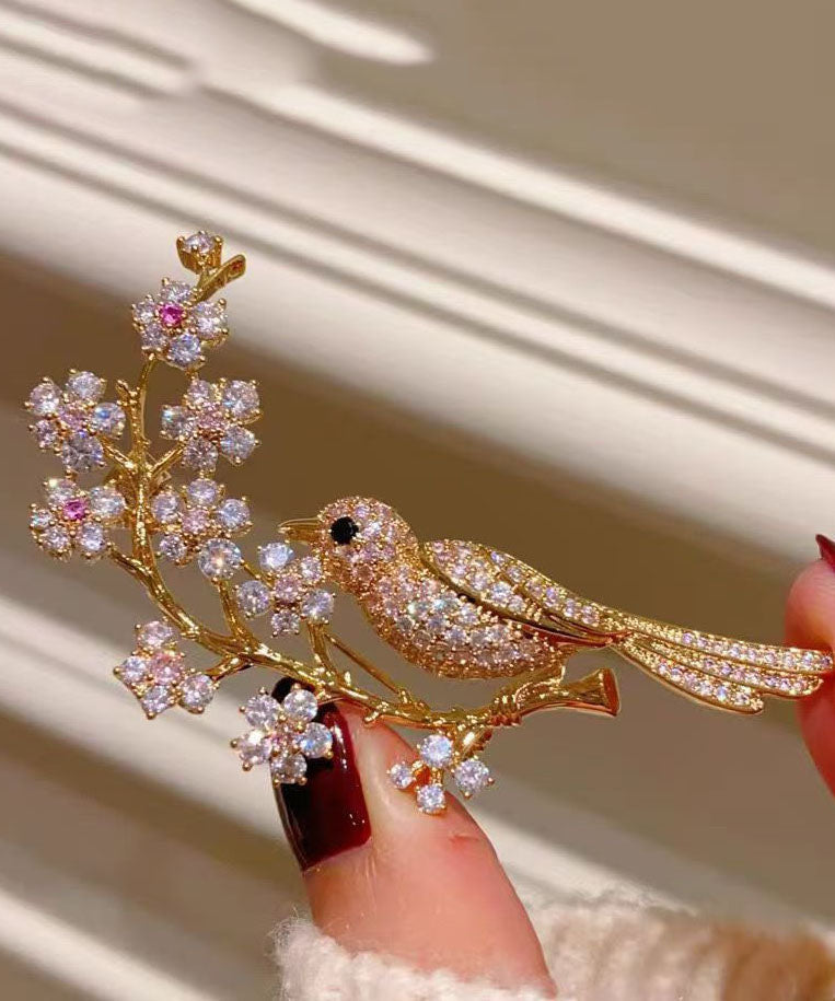 Fine Gold Copper Alloy Zircon Magpie Plum Blossom Brooches