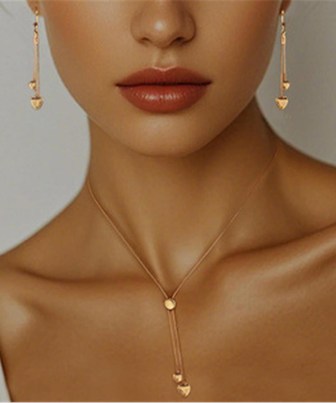 Fine Gold Copper Overgild Drawing Drop Earrings And Pendant Necklace Two-Piece Set