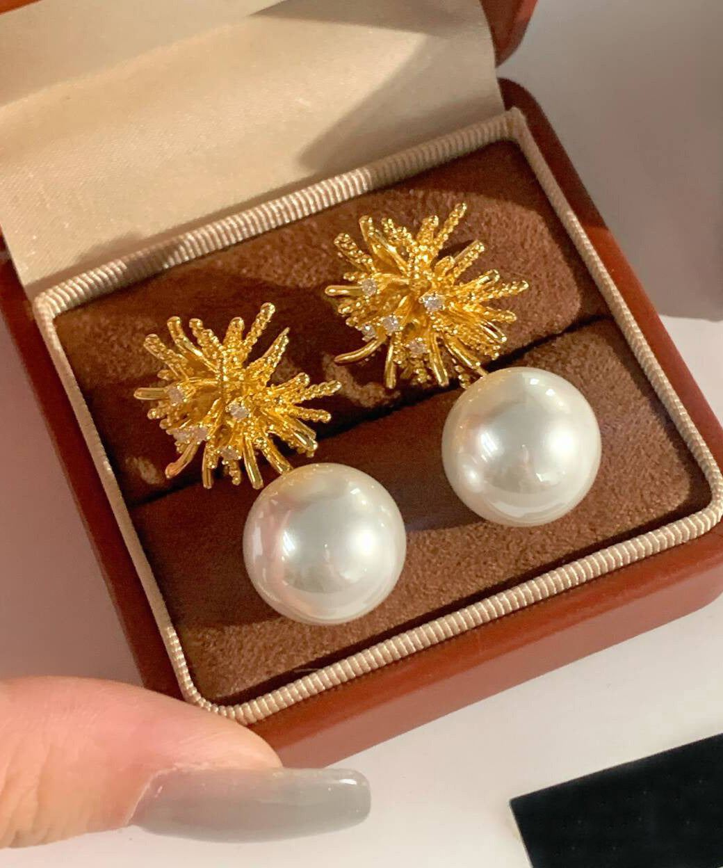 Fine Gold Copper Overgild Snowflake Pearl Drop Earrings