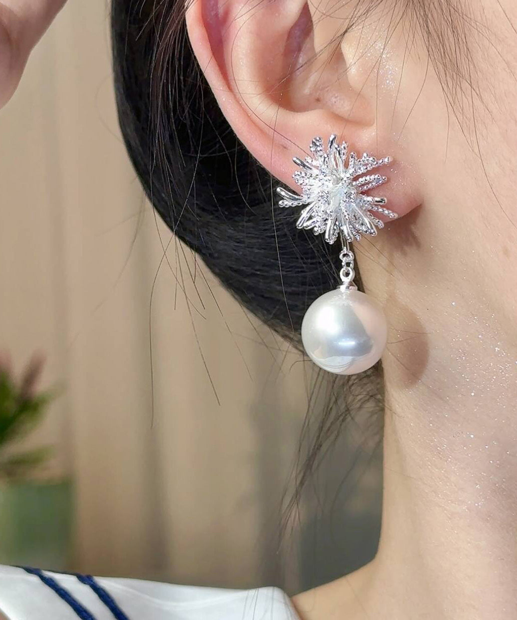Fine Gold Copper Overgild Snowflake Pearl Drop Earrings