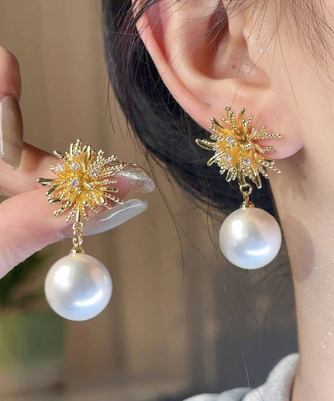 Fine Gold Copper Overgild Snowflake Pearl Drop Earrings