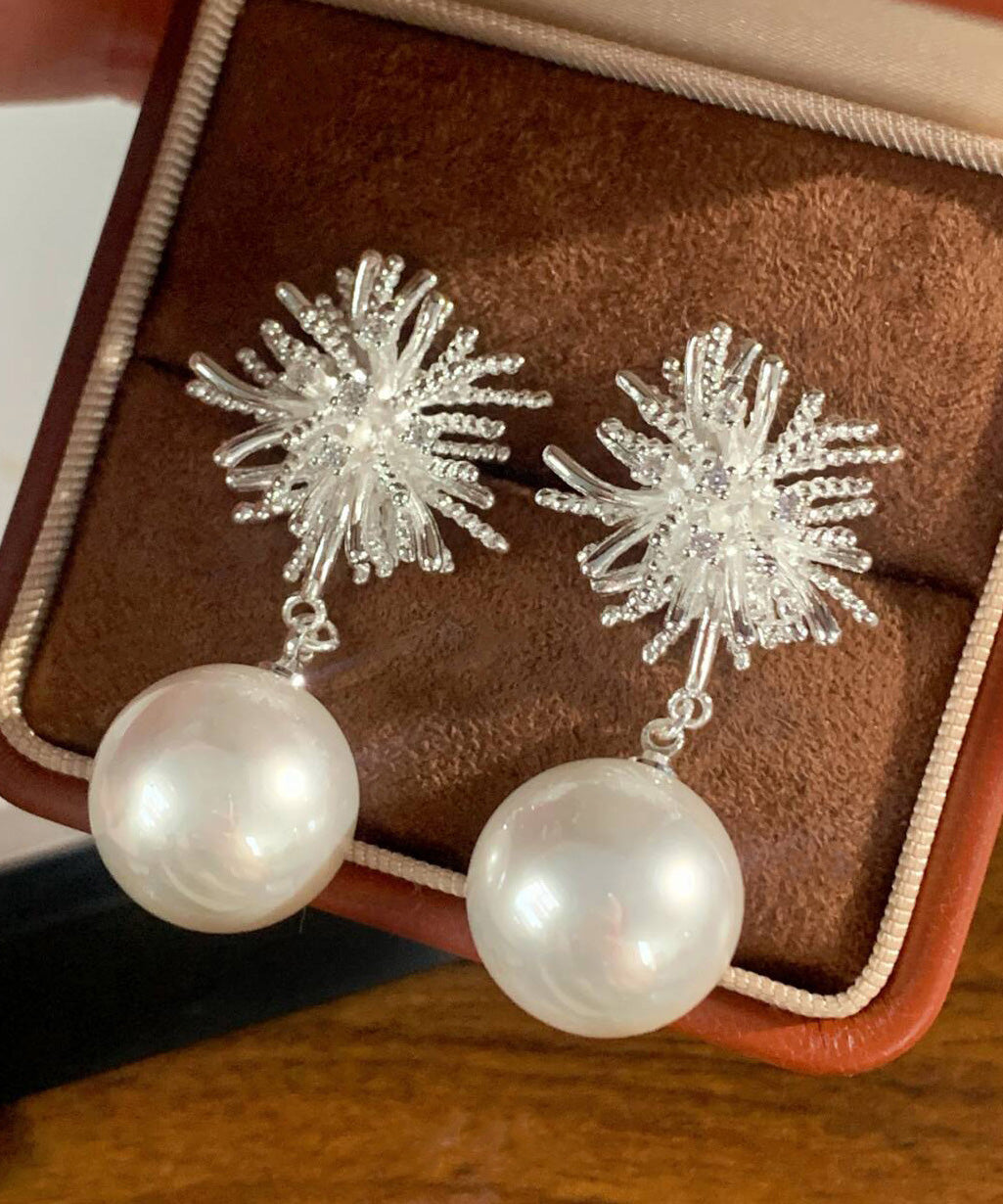 Fine Gold Copper Overgild Snowflake Pearl Drop Earrings