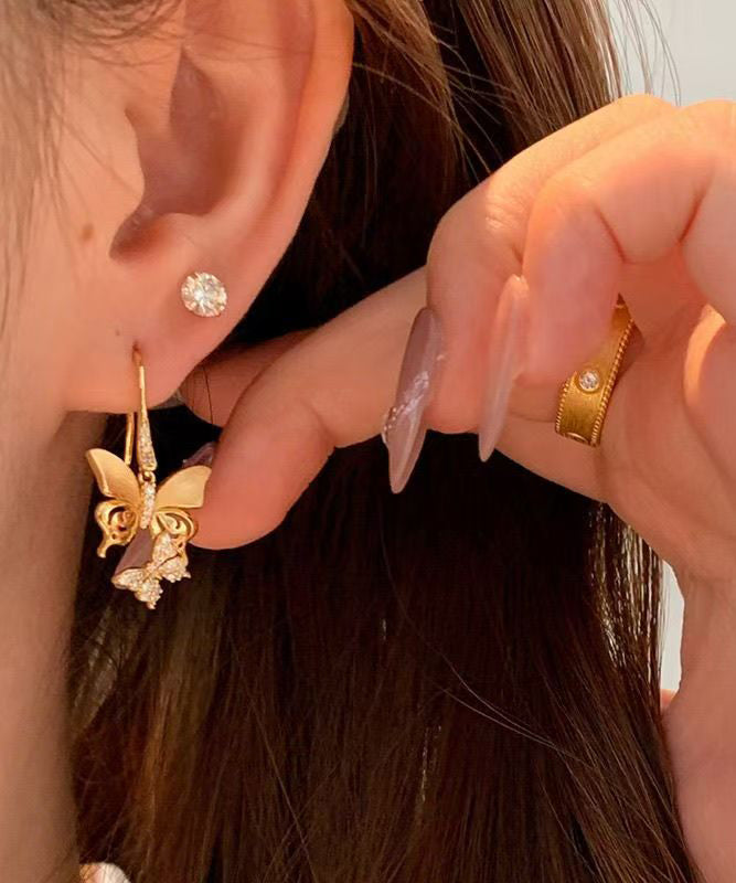 Fine Gold Copper Overgild Zircon Butterfly Hoop Earrings