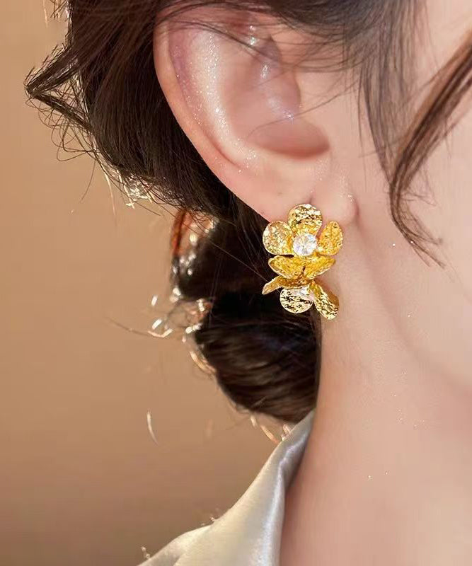 Fine Gold Copper Overgild Zircon Floral Stud Earrings