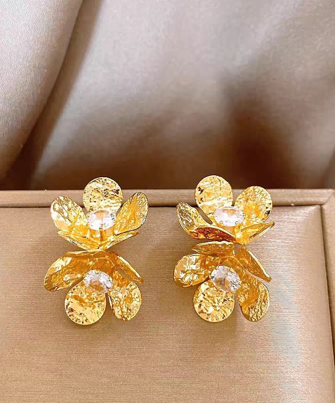 Fine Gold Copper Overgild Zircon Floral Stud Earrings