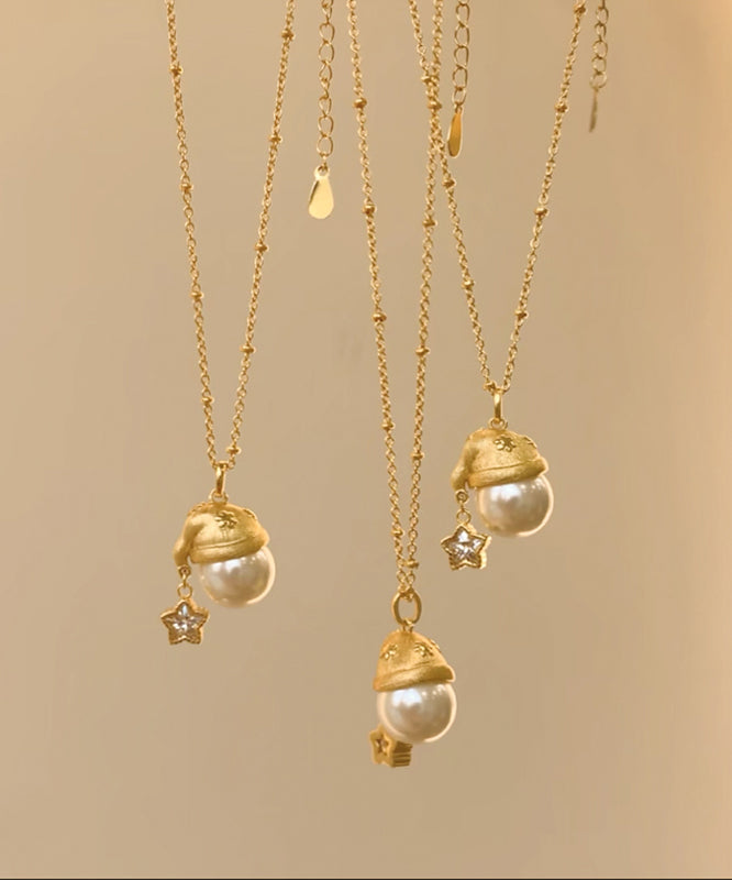 Fine Gold Copper Overgild Zircon Pearl Star Santa's Hat Pendant Necklace