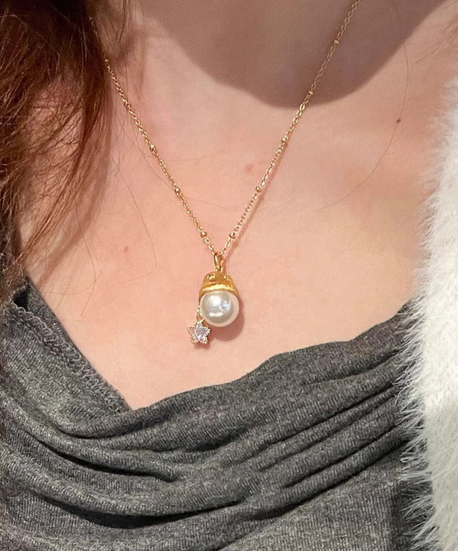 Fine Gold Copper Overgild Zircon Pearl Star Santa's Hat Pendant Necklace