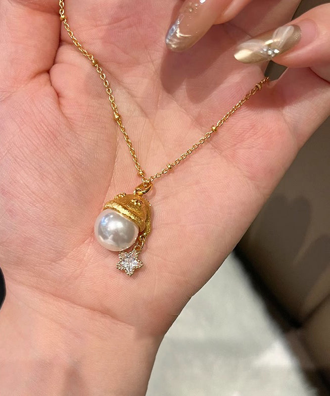 Fine Gold Copper Overgild Zircon Pearl Star Santa's Hat Pendant Necklace