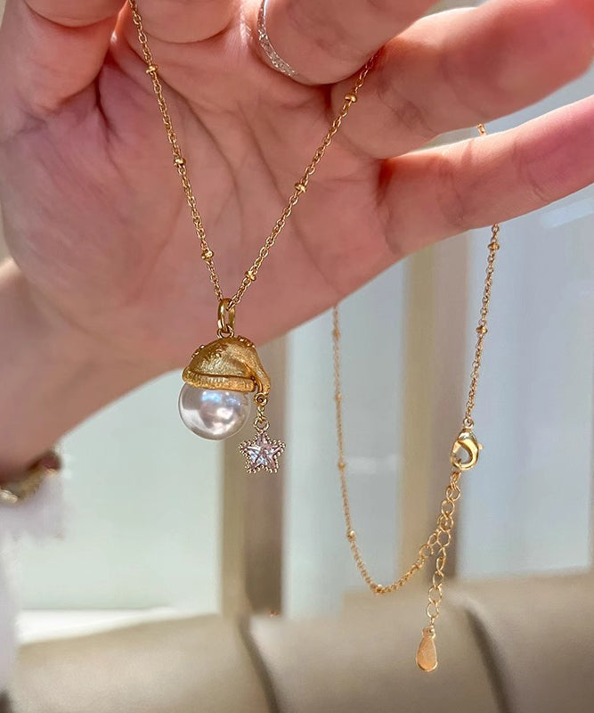 Fine Gold Copper Overgild Zircon Pearl Star Santa's Hat Pendant Necklace