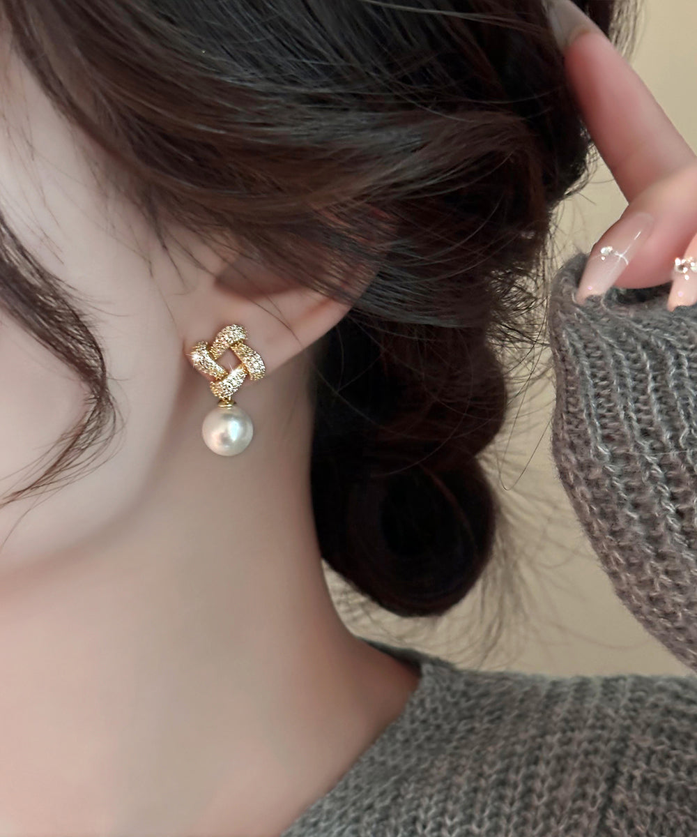 Fine Gold Copper Overgild Zircon Square Pearl Drop Earrings