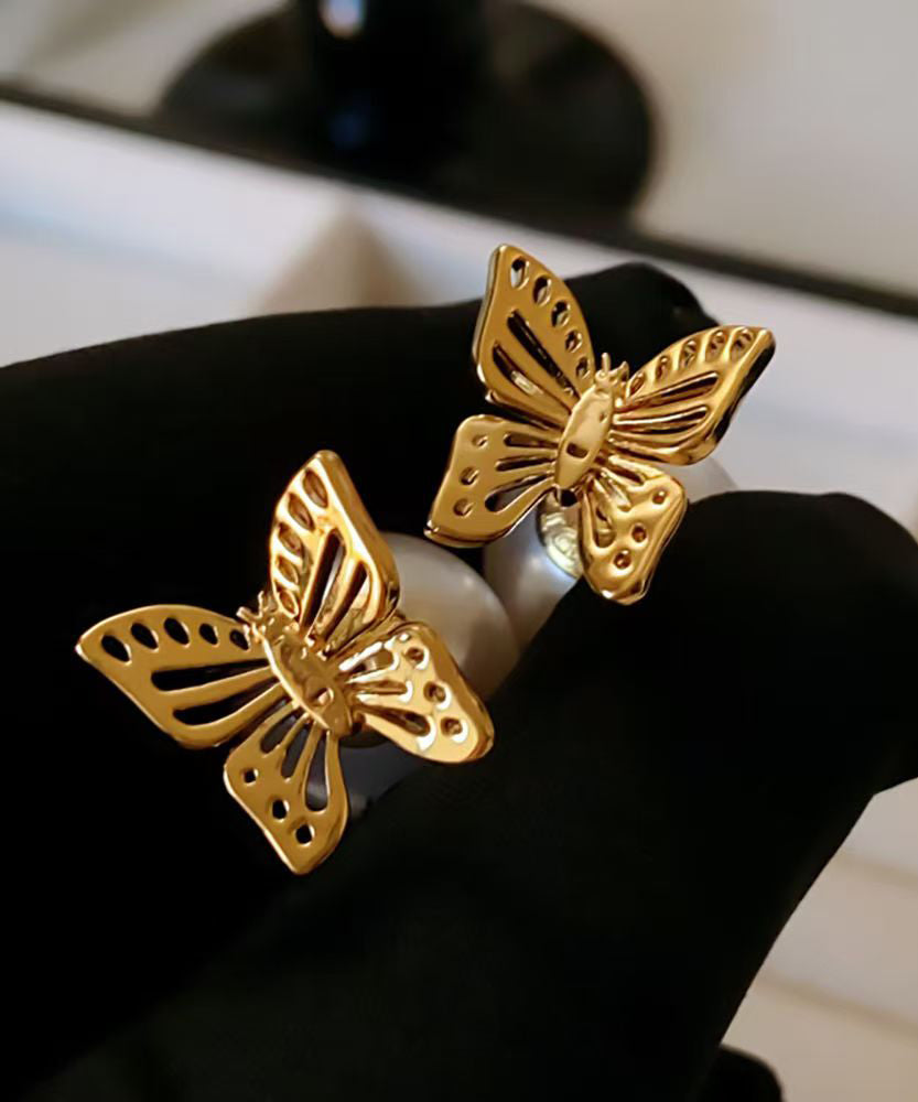 Fine Gold Copper Pearl Hollow Out Butterfly Stud Earrings