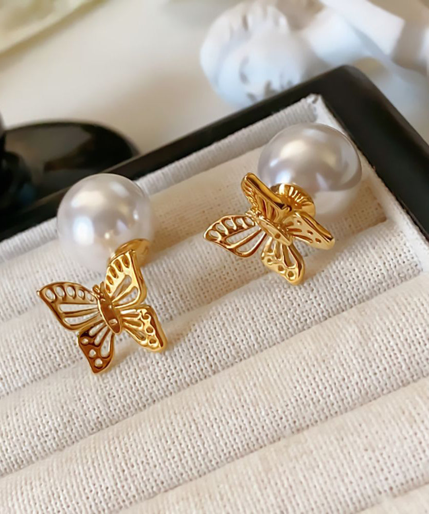 Fine Gold Copper Pearl Hollow Out Butterfly Stud Earrings