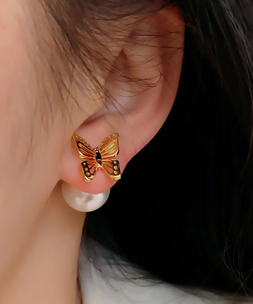 Fine Gold Copper Pearl Hollow Out Butterfly Stud Earrings
