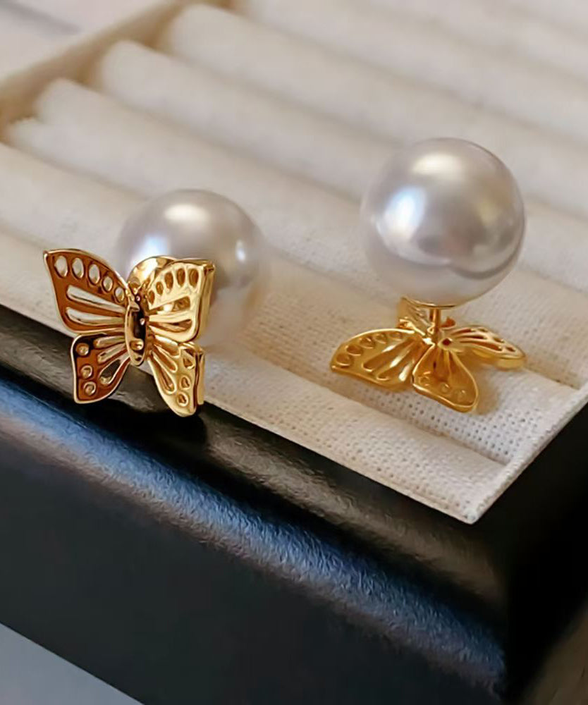 Fine Gold Copper Pearl Hollow Out Butterfly Stud Earrings