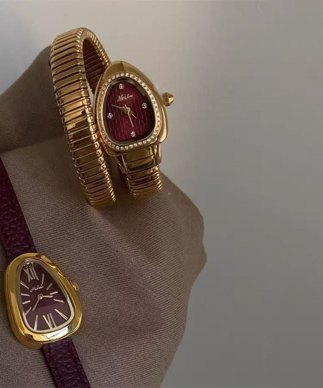 Fine Gold Stainless Steel Zircon Tempered Glass Serpentine Watches