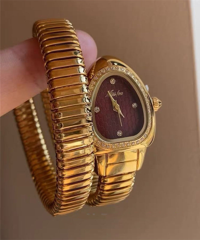 Fine Gold Stainless Steel Zircon Tempered Glass Serpentine Watches