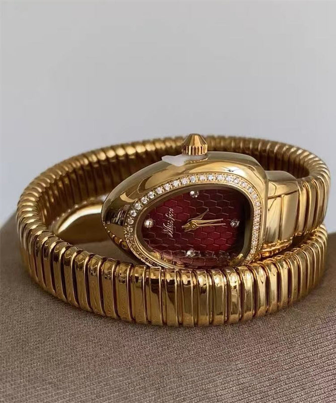 Fine Gold Stainless Steel Zircon Tempered Glass Serpentine Watches
