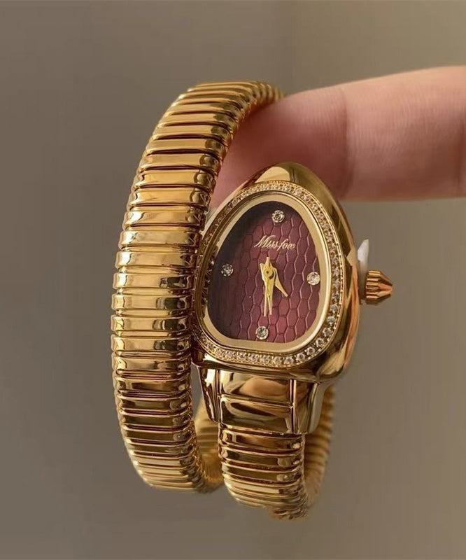 Fine Gold Stainless Steel Zircon Tempered Glass Serpentine Watches