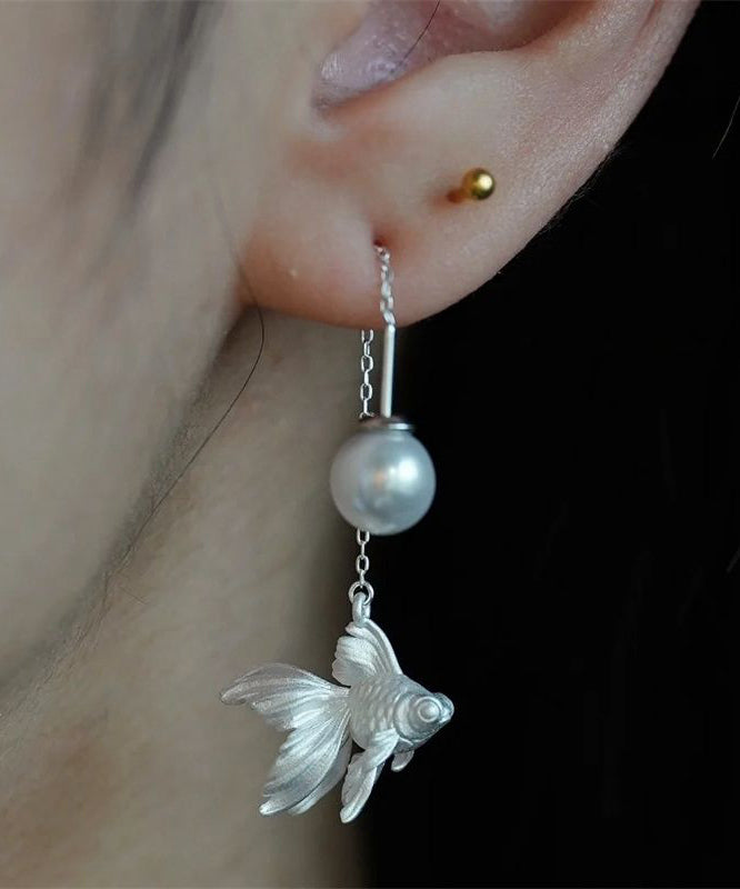 Fine Gold Steling Silver Overgild Pearl Goldfish Drop Earrings