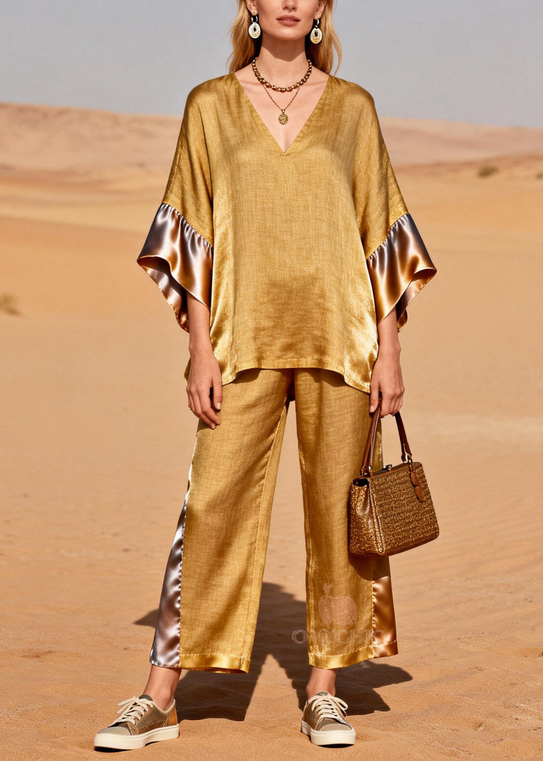 Fine Golden Oversized Patchwork Linen Silk Two Pieces Set Spring