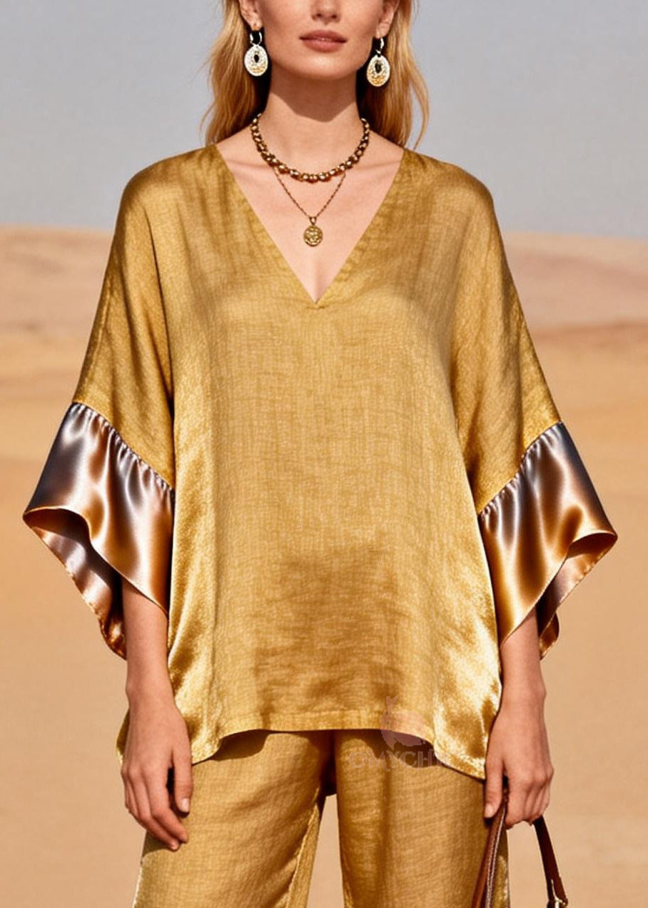 Fine Golden Oversized Patchwork Linen Silk Two Pieces Set Spring