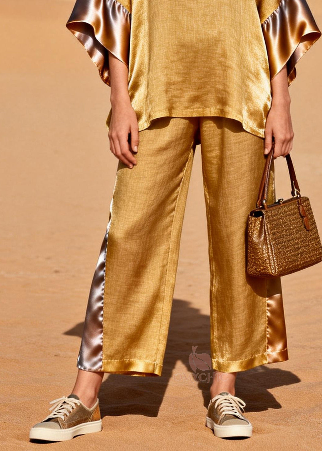 Fine Golden Oversized Patchwork Linen Silk Two Pieces Set Spring