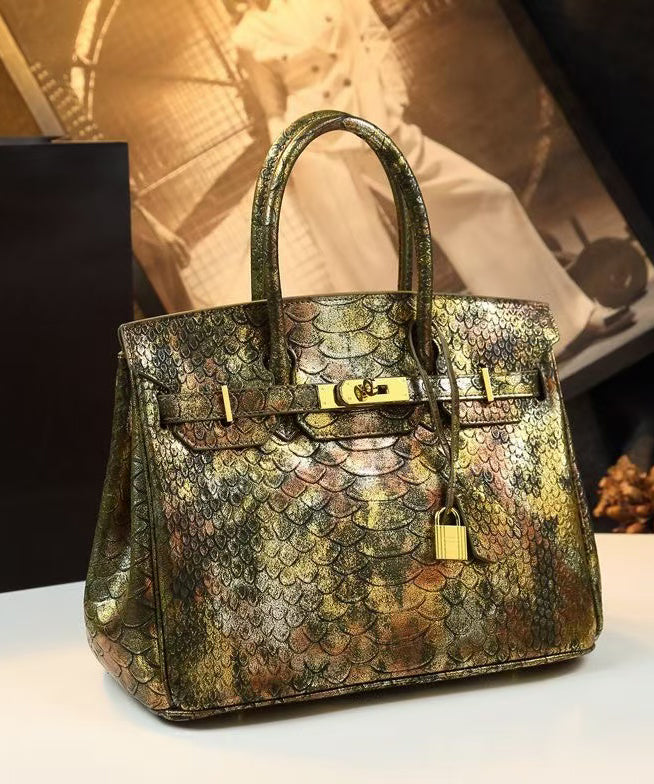 Fine Golden Serpentine Jacquard Leather Tote Handbag