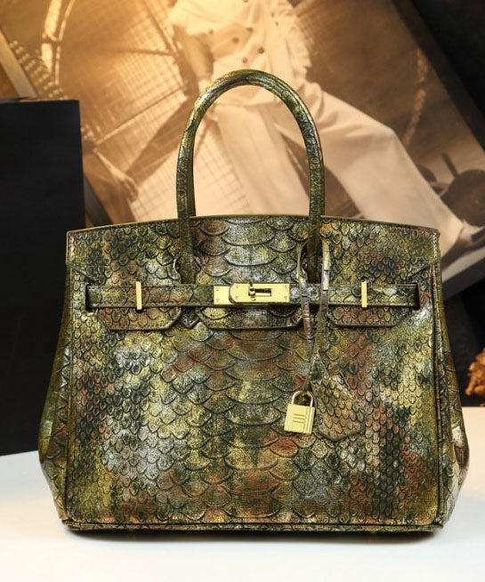 Fine Golden Serpentine Jacquard Leather Tote Handbag