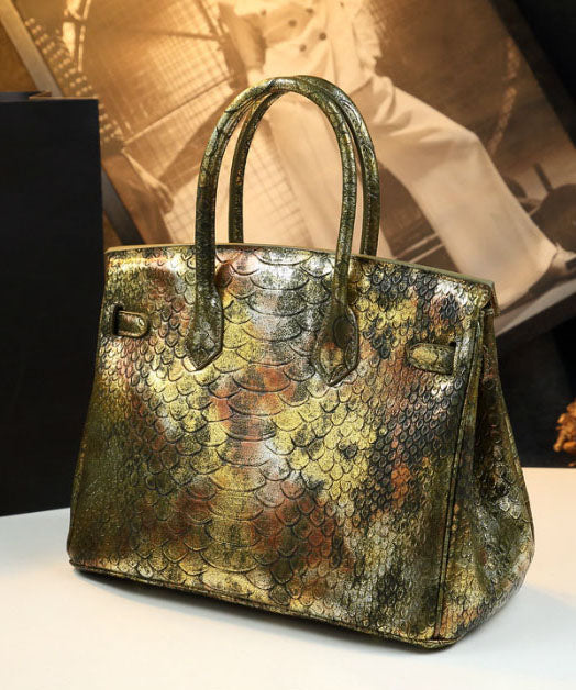 Fine Golden Serpentine Jacquard Leather Tote Handbag