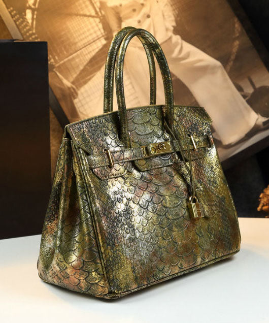 Fine Golden Serpentine Jacquard Leather Tote Handbag