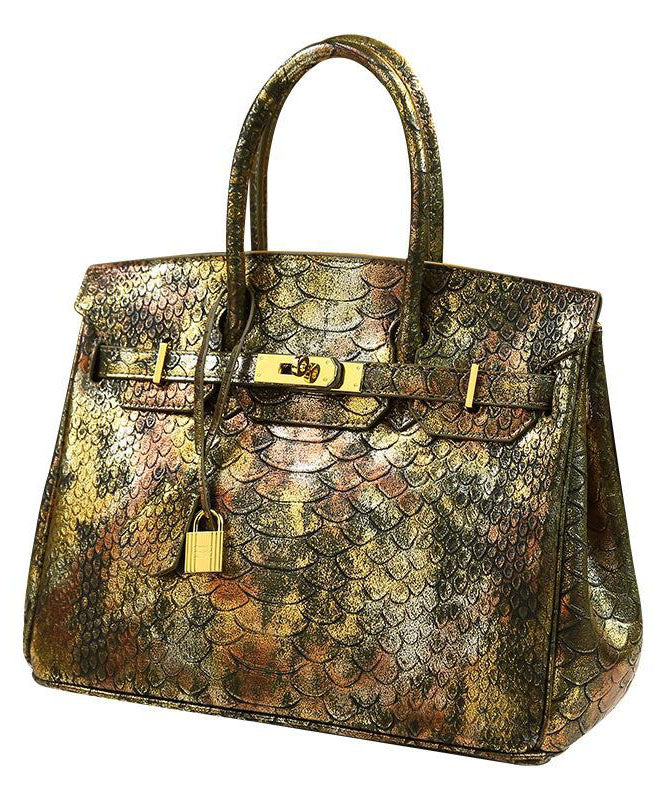 Fine Golden Serpentine Jacquard Leather Tote Handbag