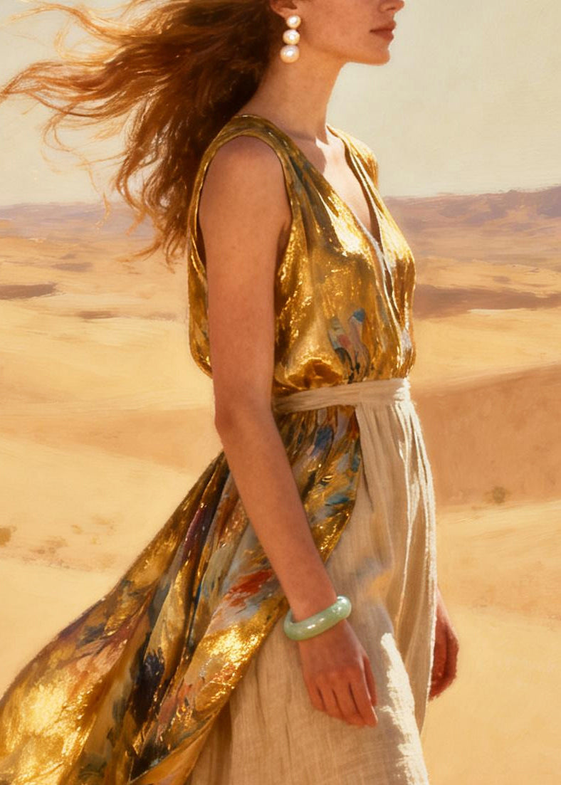 Fine Golden Tie Dye Patchwork Exra Large Hem Silk Party Dress Summer